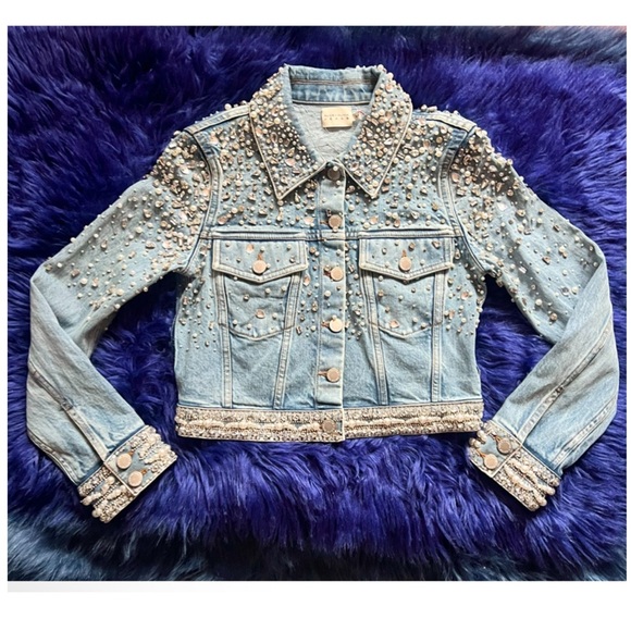 New! Alice & Olivia Nelson Crystal & Pearl Embellished Denim Jacket - Picture 6 of 12